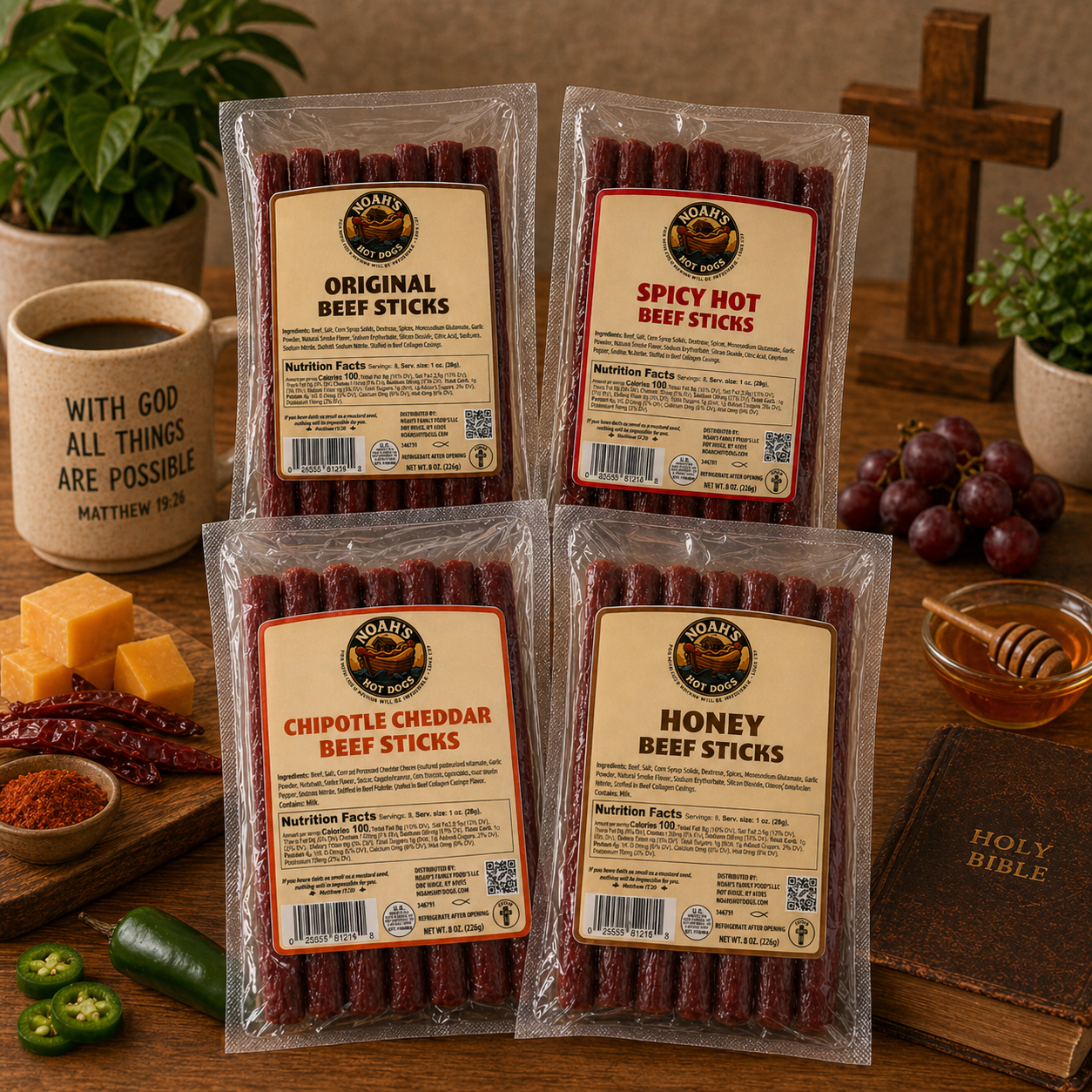 Noah’s Premium Beef Sticks – Original, Chipotle Cheddar, Honey & Spicy Hot