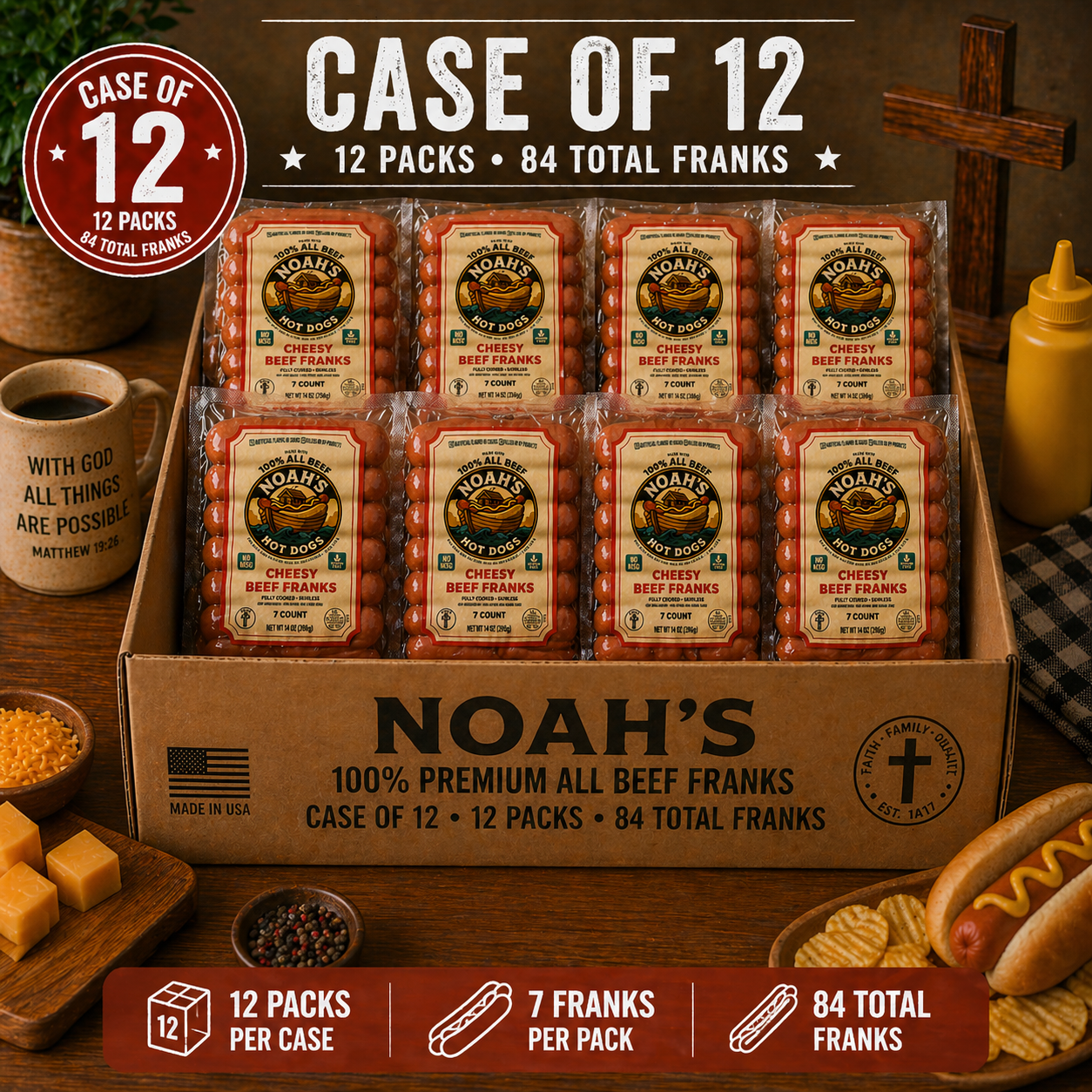 Noah’s 100% Premium All Beef Franks – Case Packs (7 Count • 6 or 12 Packs)