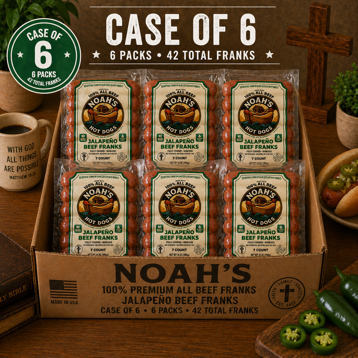 Noah’s 100% Premium All Beef Franks – Case Packs (7 Count • 6 or 12 Packs)