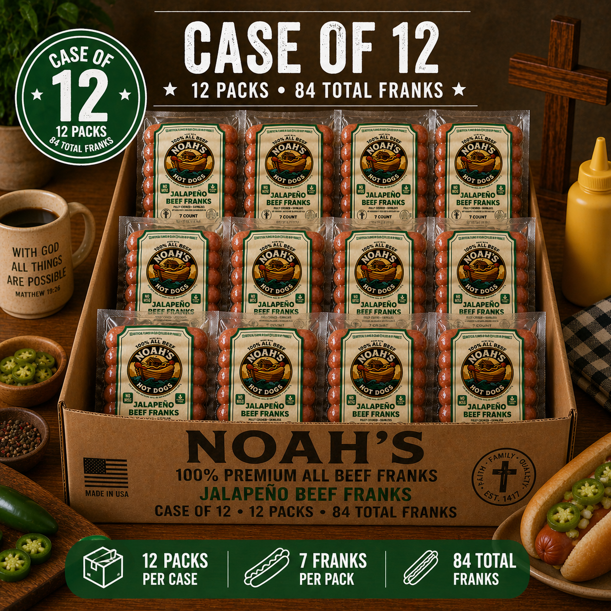 Noah’s 100% Premium All Beef Franks – Case Packs (7 Count • 6 or 12 Packs)